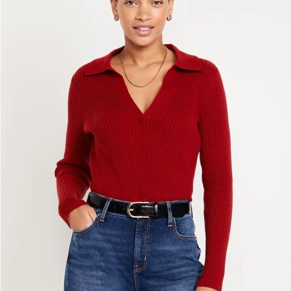 Old Navy Red Ribbed Crop Polo Sweater